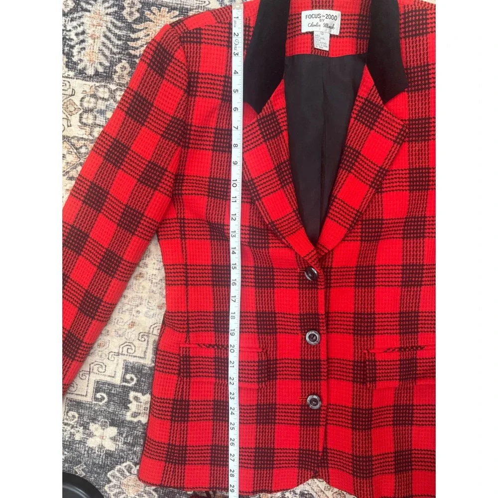 Vintage Focus-2000 Red Black Plaid Wool Skirt Suit Blazer Set Size 10 Retro - Picture 5 of 9